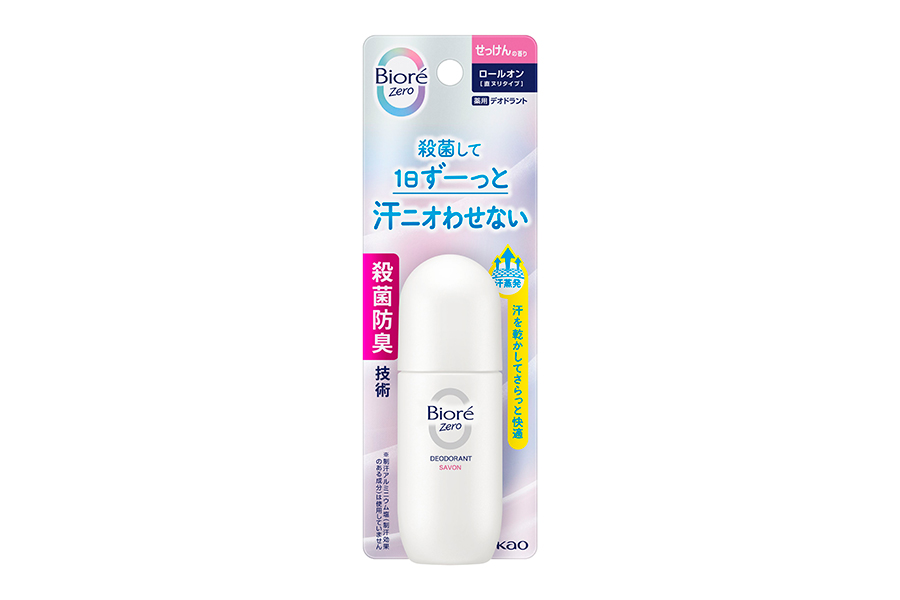 殺菌防臭効果で長時間、ワキの下のサッパリ感をキープ。直接塗れるロールオンタイプ。ビオレZero薬用ロールオン せっけんの香り 40ml ¥800(編集部調べ)/花王